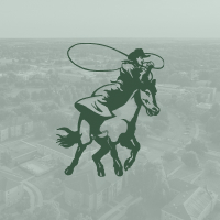 USAO Athletic logo drover on a horse overlaid on a light green image of campus from aerial view